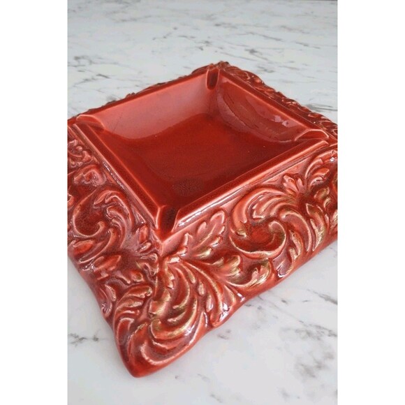 Vintage Boho Ashtray in Red 8” Square Bohemian Mid Century Hand Painted USA - Picture 3 of 6